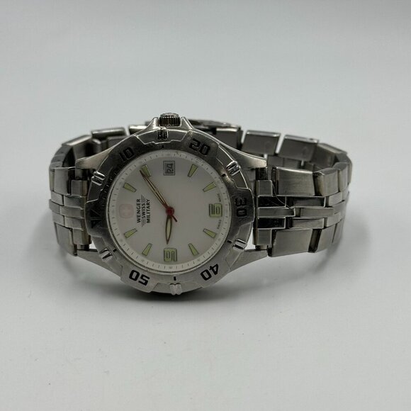 Wenger Swiss Military Watch Men Silver Tone White Dial Date Window New Battery - Picture 4 of 14